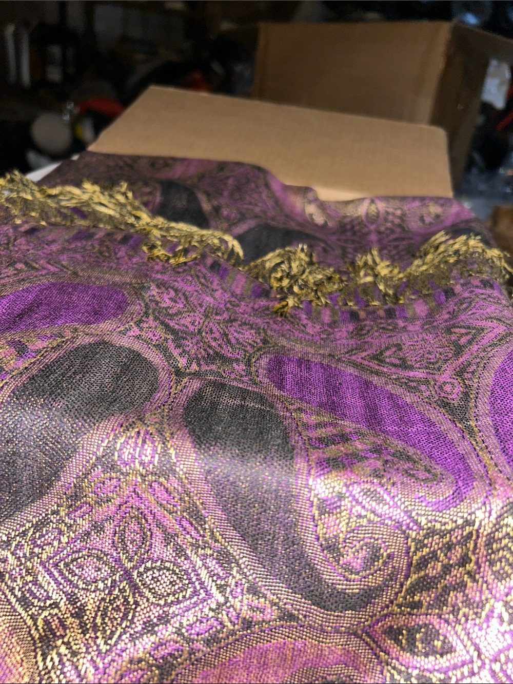 Purple and Black Paisley Metallic Scarf with Gold Threading